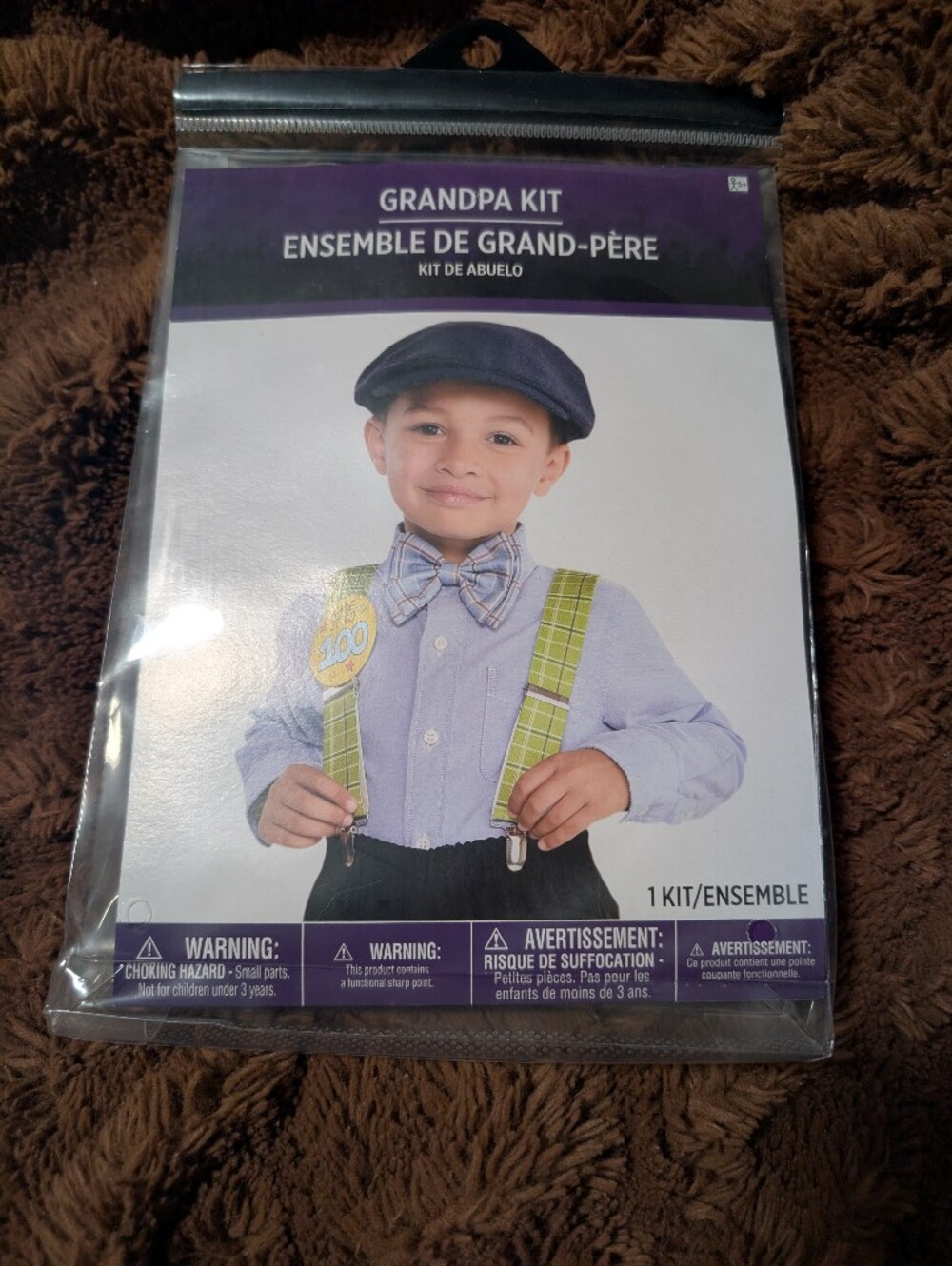 Kids Old Man Grandpa Costume Kit Suspenders Bow Tie Hat 100th Button Halloween